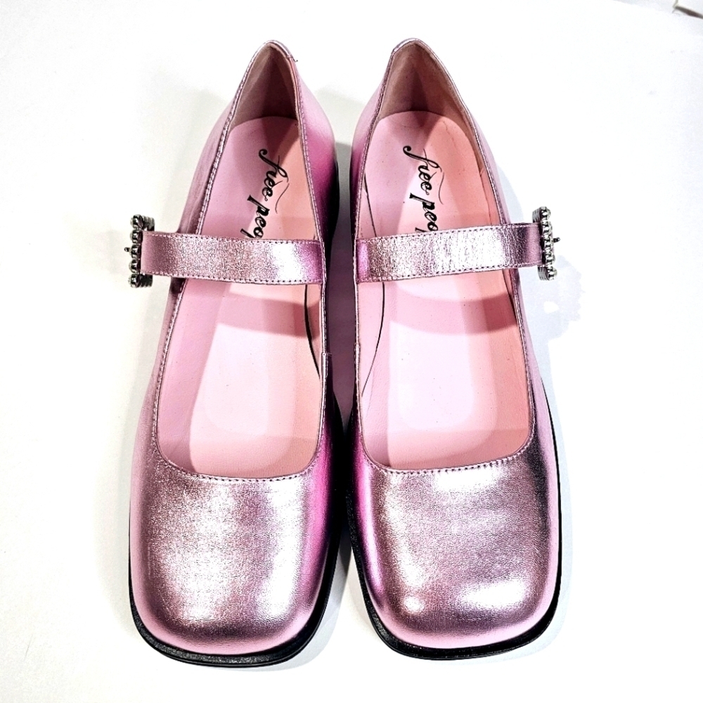 Free People Rumor Diamante Mary Janes Flats Pink Faux Leather